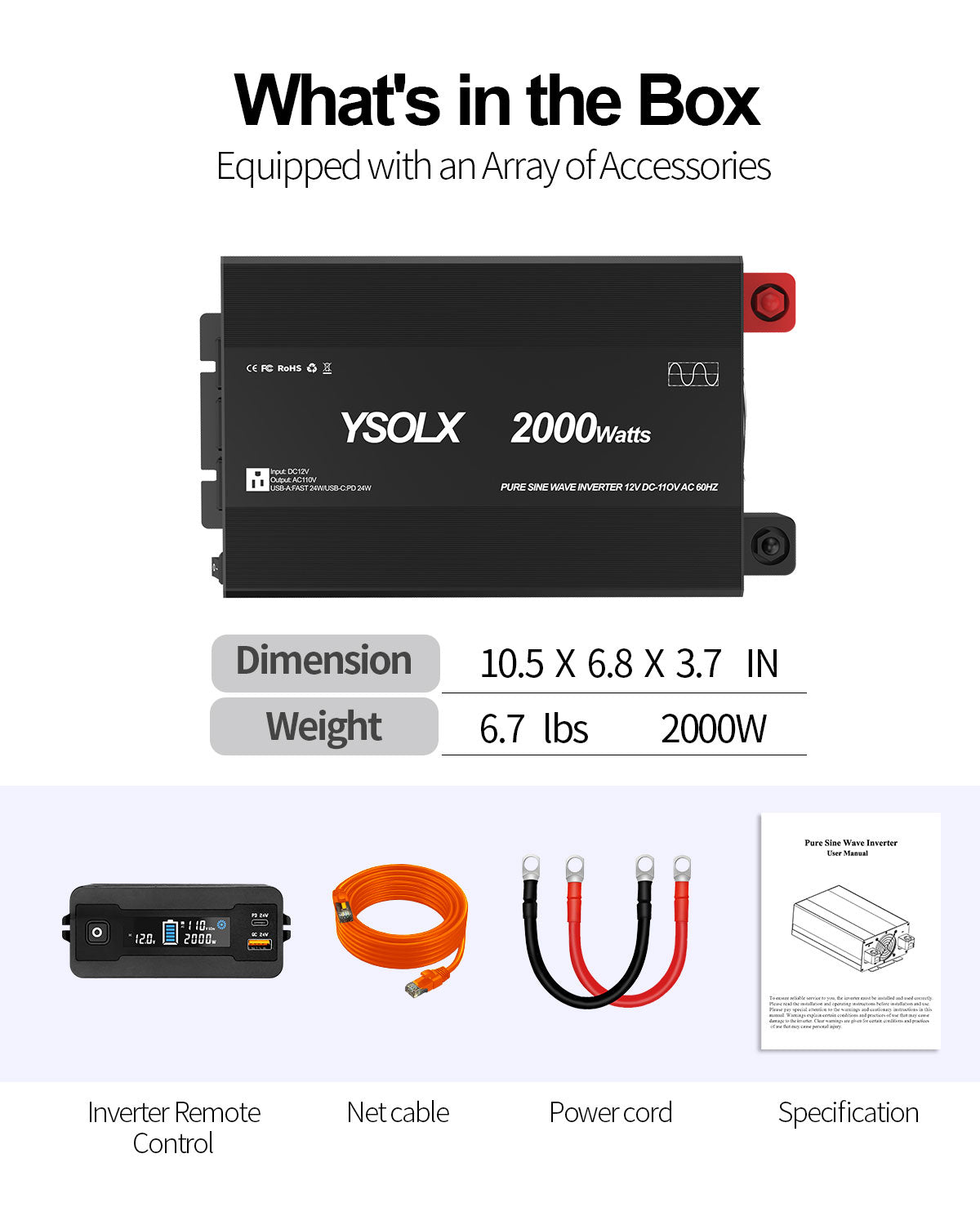 YSOLX 2000W Pure Sine Wave Inverter - Car Power Inverter 12V to 110V/120V AC Converter for Home, RV, Truck, AC Hardwire Port, Remote Controller