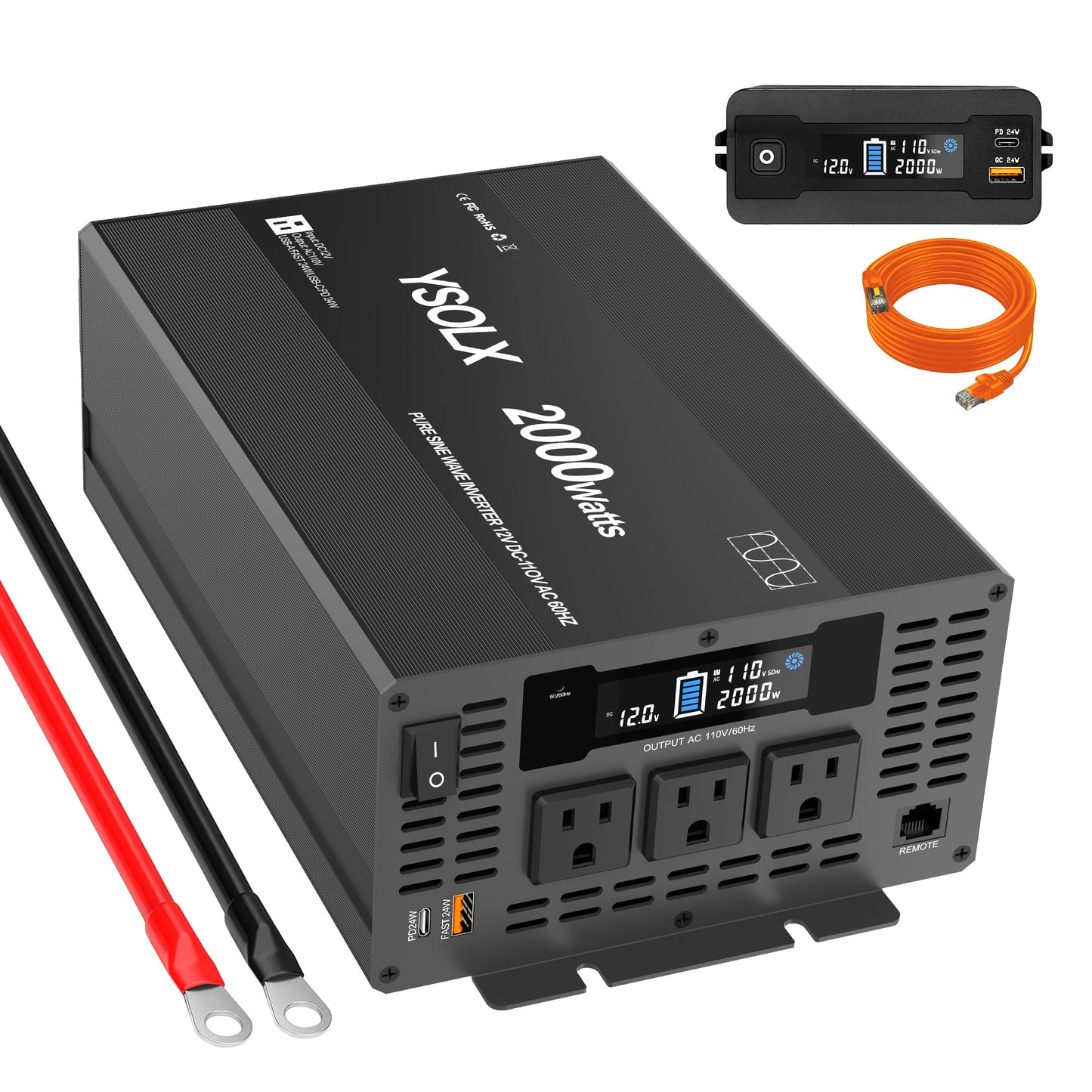 YSOLX 2000W Pure Sine Wave Inverter - Car Power Inverter 12V to 110V/120V AC Converter for Home, RV, Truck, AC Hardwire Port, Remote Controller
