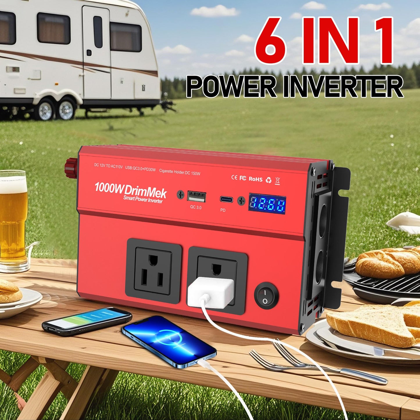 1000 Watt Power Inverters 12v to 110v for Vehicles - with Dual AC Outlets