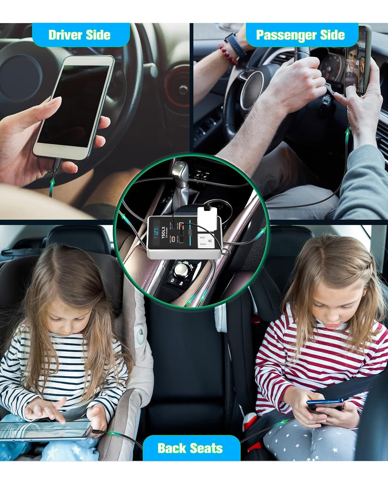 Car Power Inverter, YSOLX 200W Inverter Car Outlet Adapter to Wall Plug with 65W USB-C/48W Dual Fast Charging USB/Dual AC Outlet, Car Inverter 12V to 110V AC Plug, Car Charger for Laptop