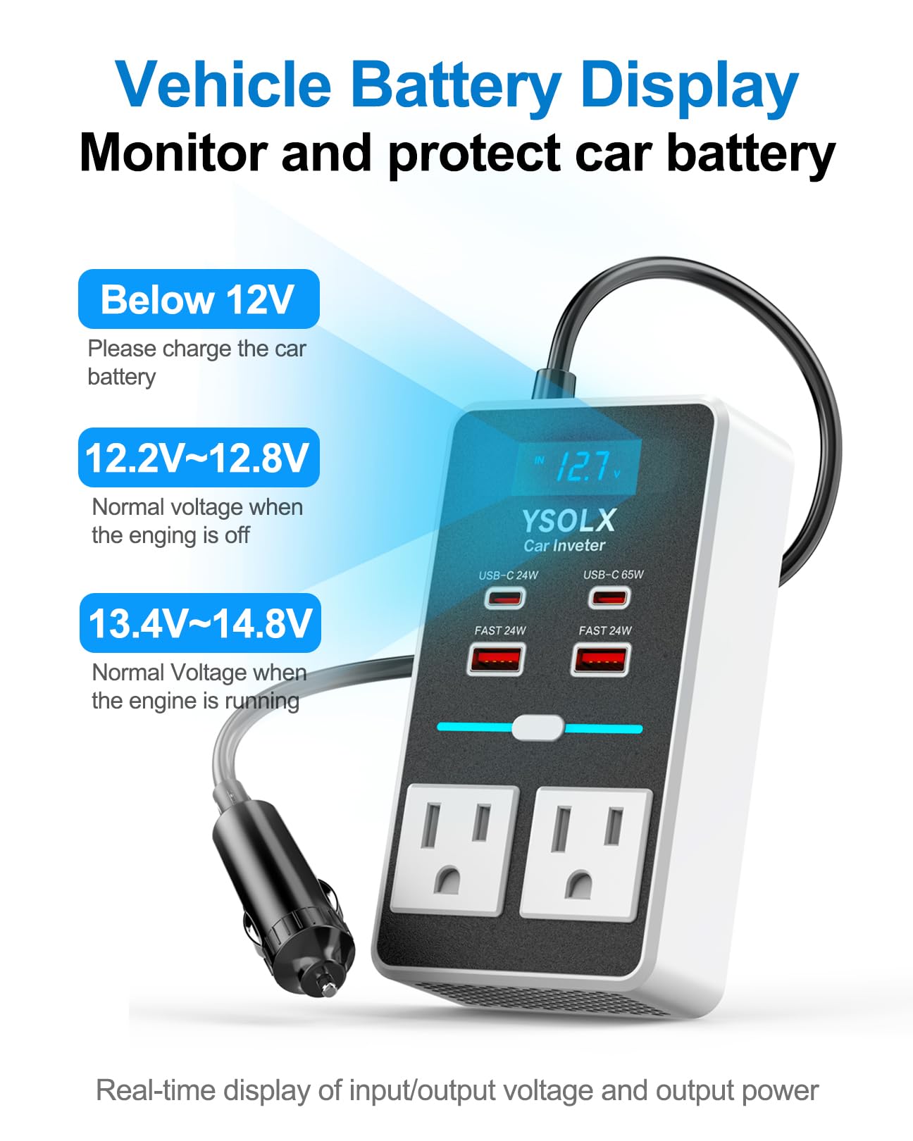 Car Power Inverter, YSOLX 200W Inverter Car Outlet Adapter to Wall Plug with 65W USB-C/48W Dual Fast Charging USB/Dual AC Outlet, Car Inverter 12V to 110V AC Plug, Car Charger for Laptop