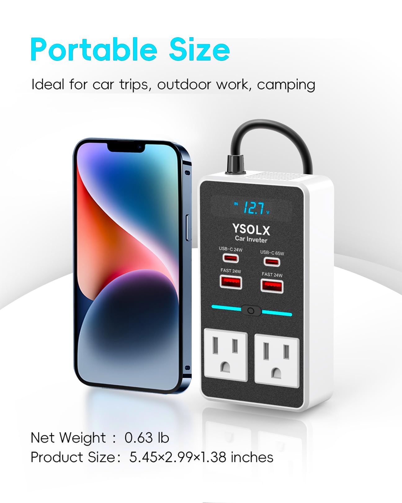 Car Power Inverter, YSOLX 200W Inverter Car Outlet Adapter to Wall Plug with 65W USB-C/48W Dual Fast Charging USB/Dual AC Outlet, Car Inverter 12V to 110V AC Plug, Car Charger for Laptop