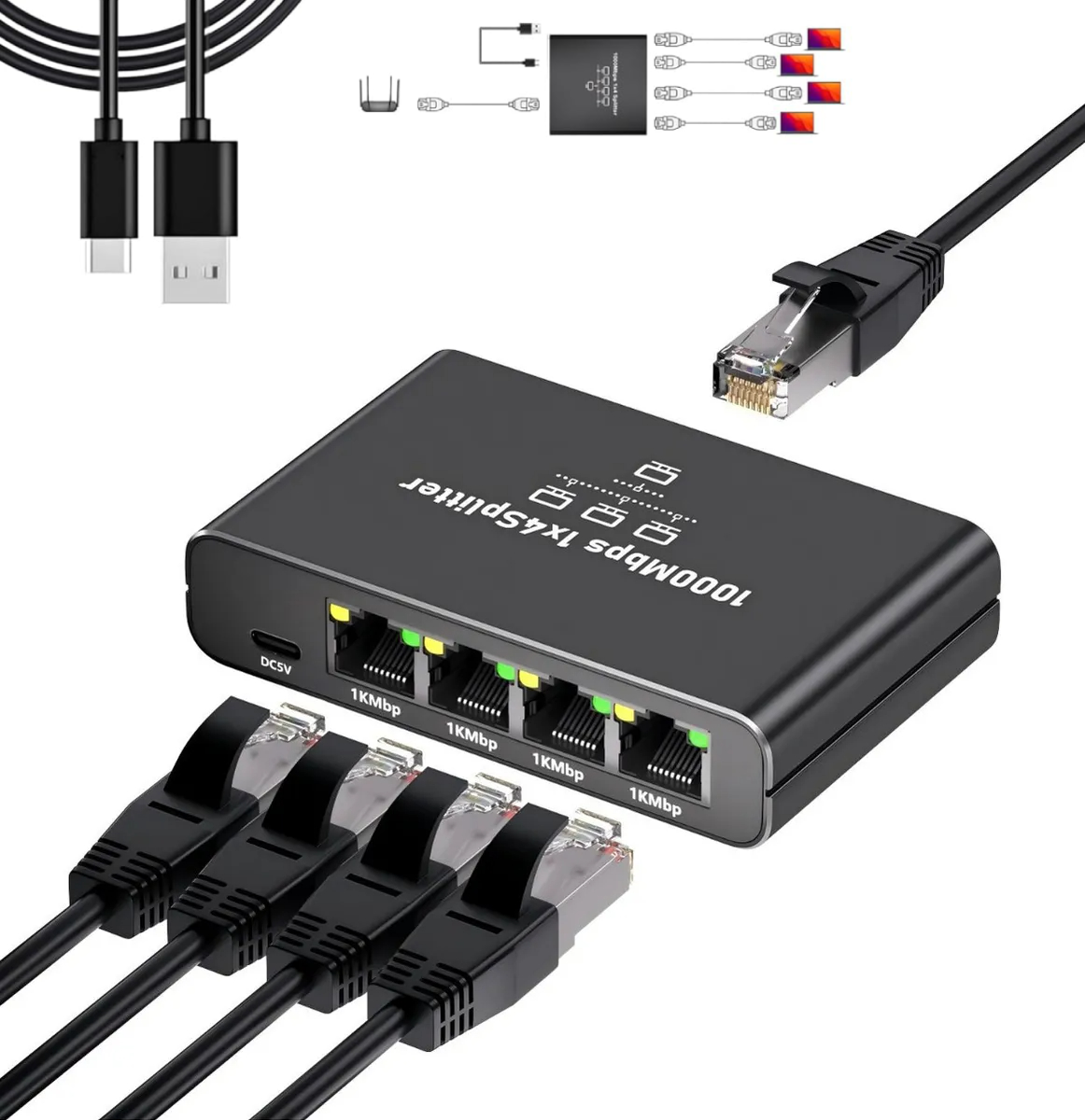 Ethernet Splitter 1 to 4 - Network Splitter with USB Power Cable, RJ45 Internet Splitter Adapter 1000Mbps High Speed for Cat 5/5e/6/7/8 Cable [4 Devices Networked Simultaneously]