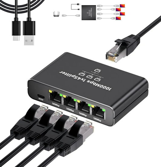 Ethernet Splitter 1 to 4 - Network Splitter with USB Power Cable, RJ45 Internet Splitter Adapter 1000Mbps High Speed for Cat 5/5e/6/7/8 Cable [4 Devices Networked Simultaneously]