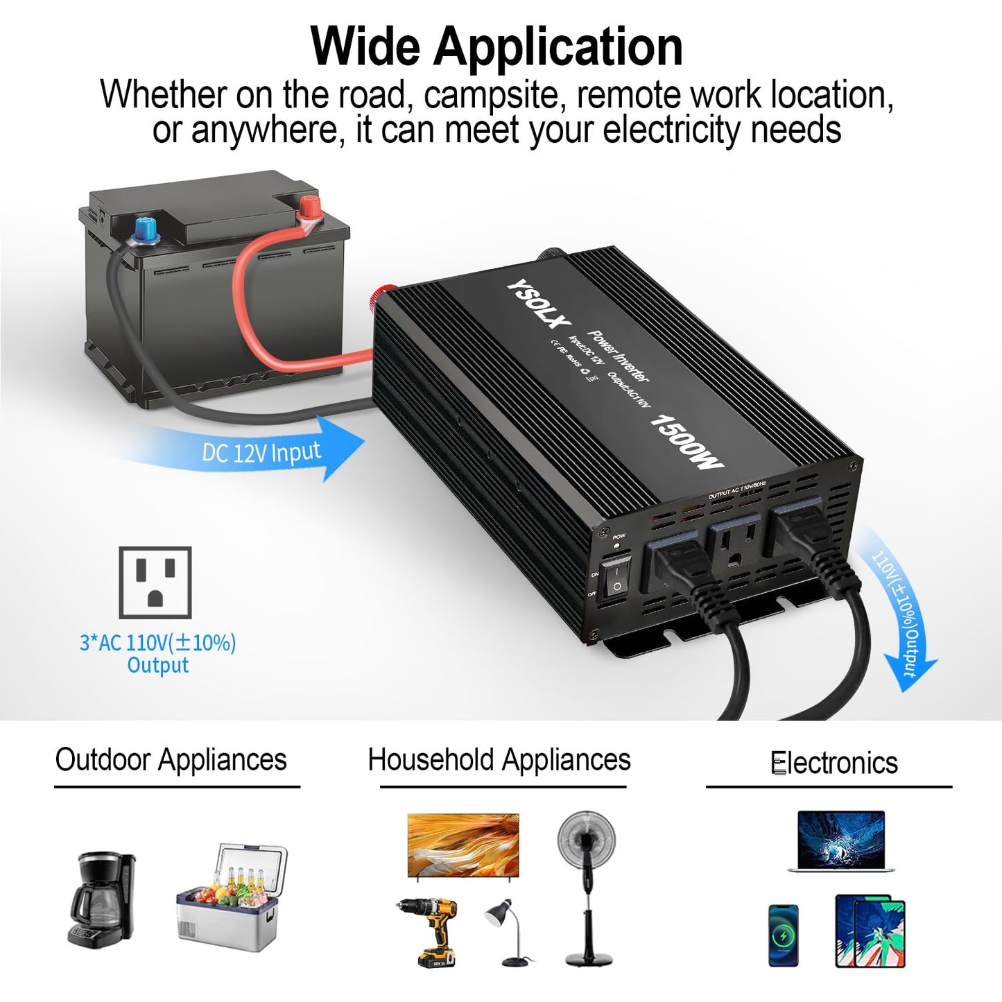 YSOLX 1500W Power Inverter 12V to 110V，Dc to Ac Inverter 3 AC Outlets