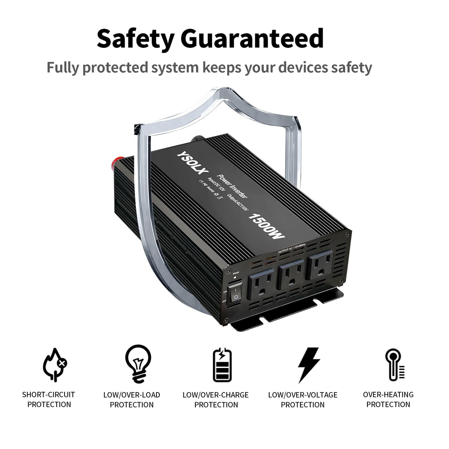 YSOLX 1500W Power Inverter 12V to 110V，Dc to Ac Inverter 3 AC Outlets