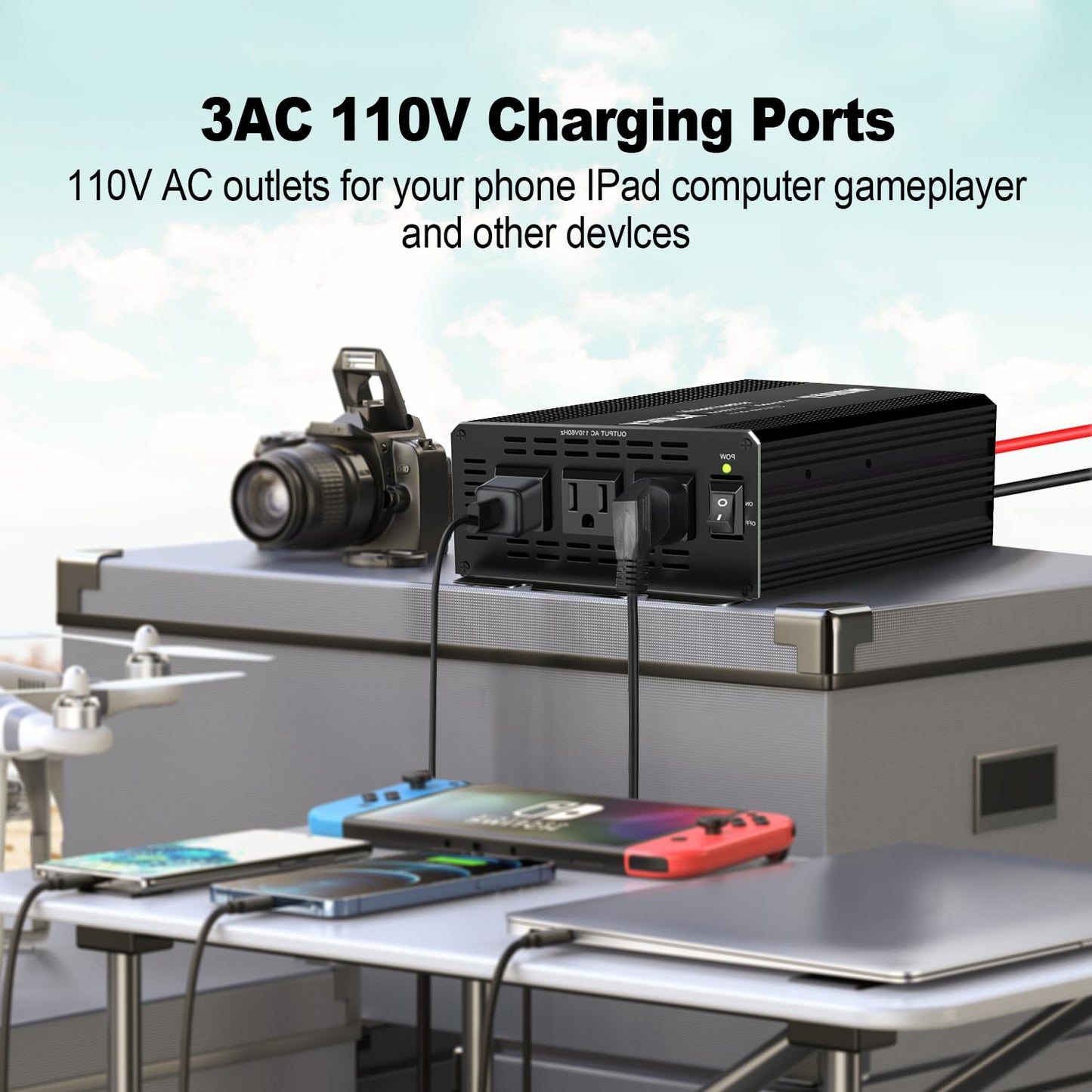 YSOLX 1500W Power Inverter 12V to 110V，Dc to Ac Inverter 3 AC Outlets