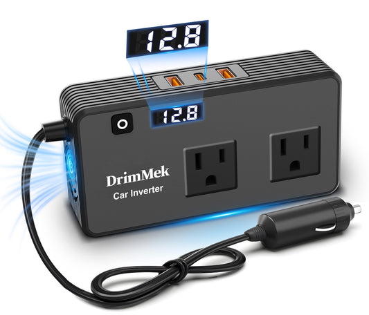 DrimMek 300W Car Power Inverter -Car Plug Adapter Outlet DC Inverter 12V to 110V AC Cigarette Lighter with 24W USB-C & USB-A Dual AC Outlet, PD/QC Fast Car Charger for Laptop Vehicles, Road Trip, Camp