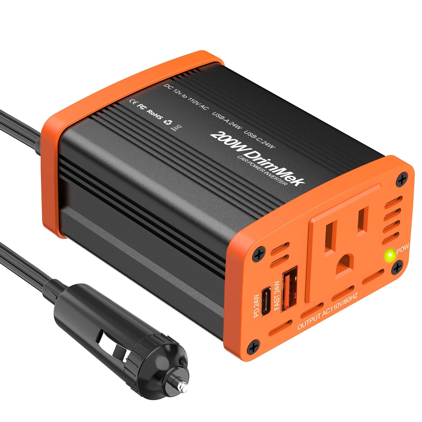 200W Car Power invewrter, DC 12V to 110V AC Car Plug Adapter Outlet with 24W USB-A/C