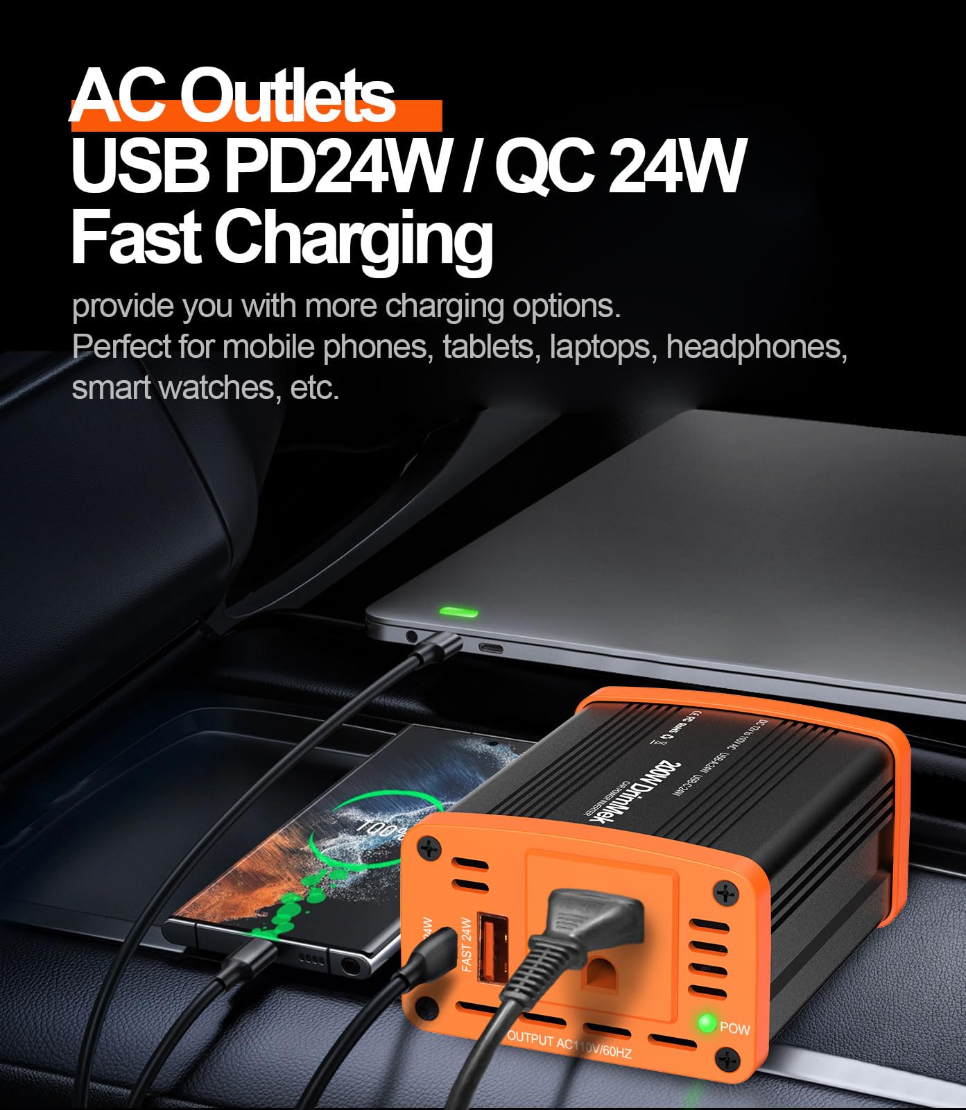 200W Car Power invewrter, DC 12V to 110V AC Car Plug Adapter Outlet with 24W USB-A/C