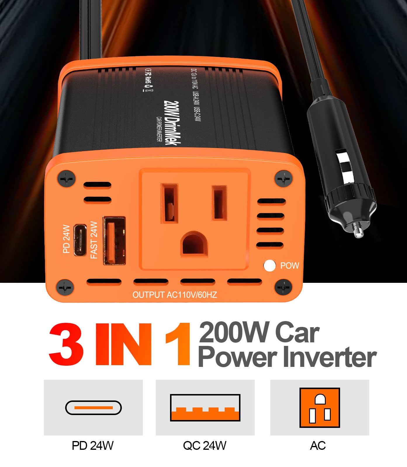 200W Car Power invewrter, DC 12V to 110V AC Car Plug Adapter Outlet with 24W USB-A/C