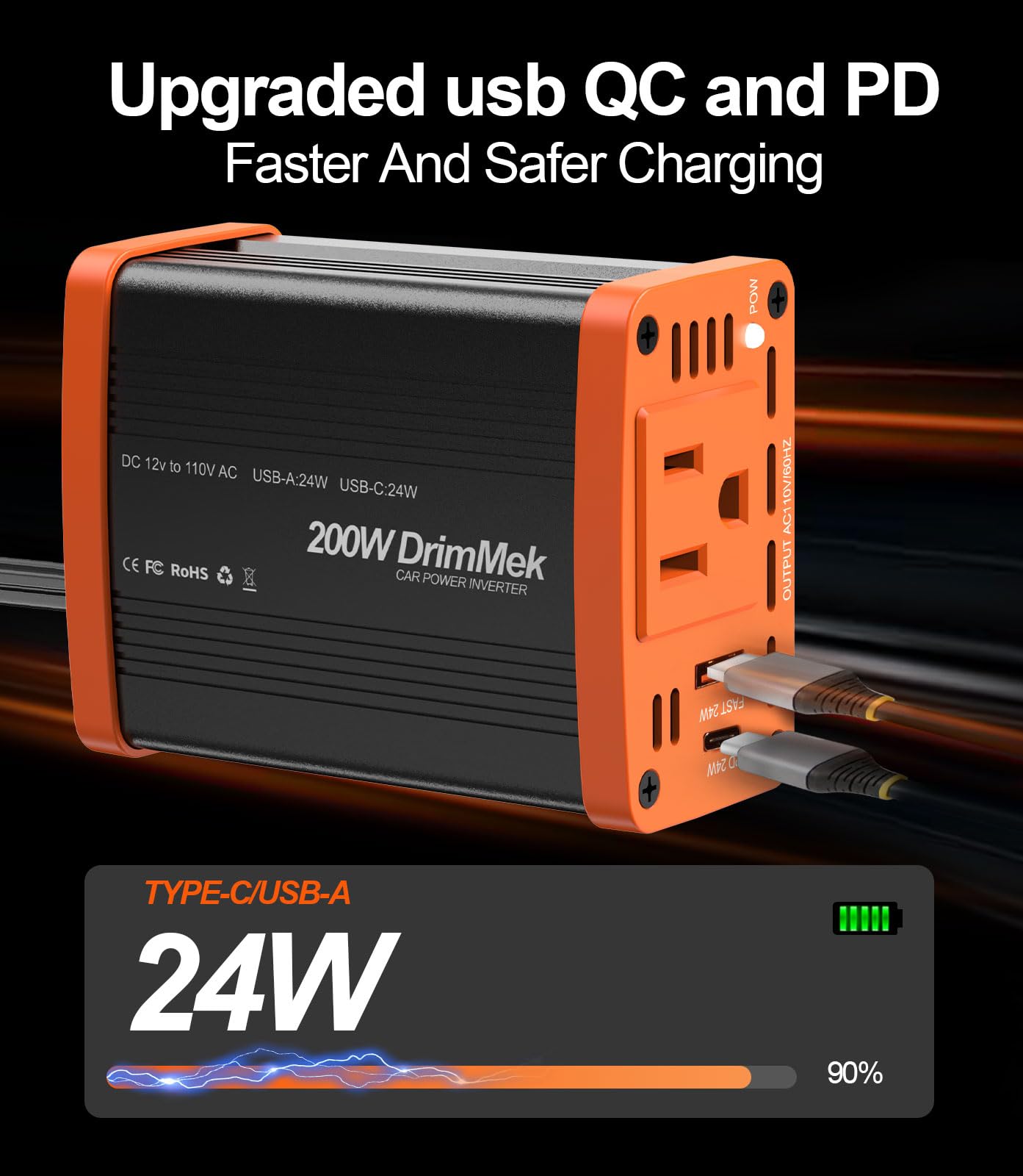 200W Car Power invewrter, DC 12V to 110V AC Car Plug Adapter Outlet with 24W USB-A/C