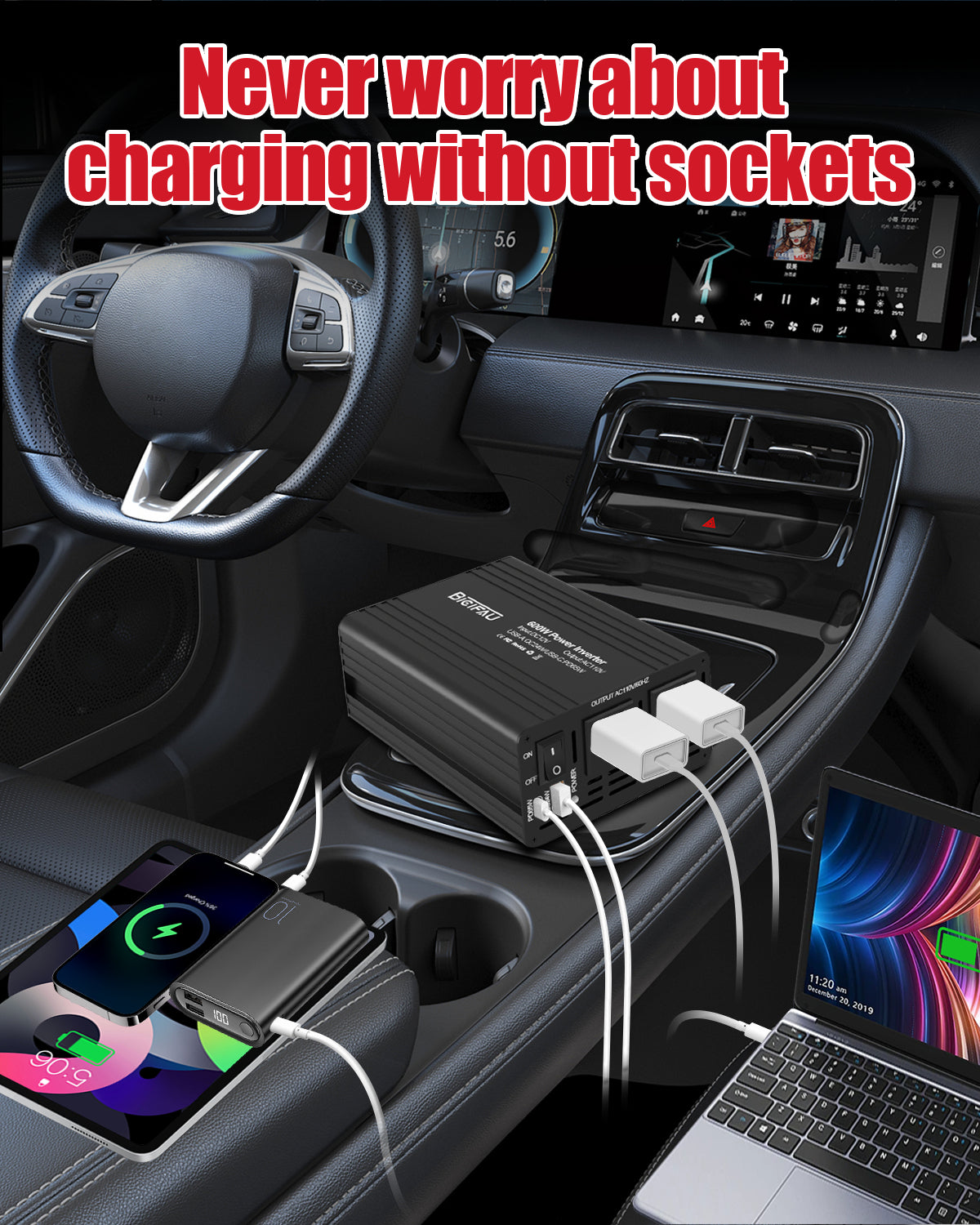 600W Inverter 12V to 110V, DC to AC Car Power Inverter for Vehicles with 65W USB-C Fast Charging