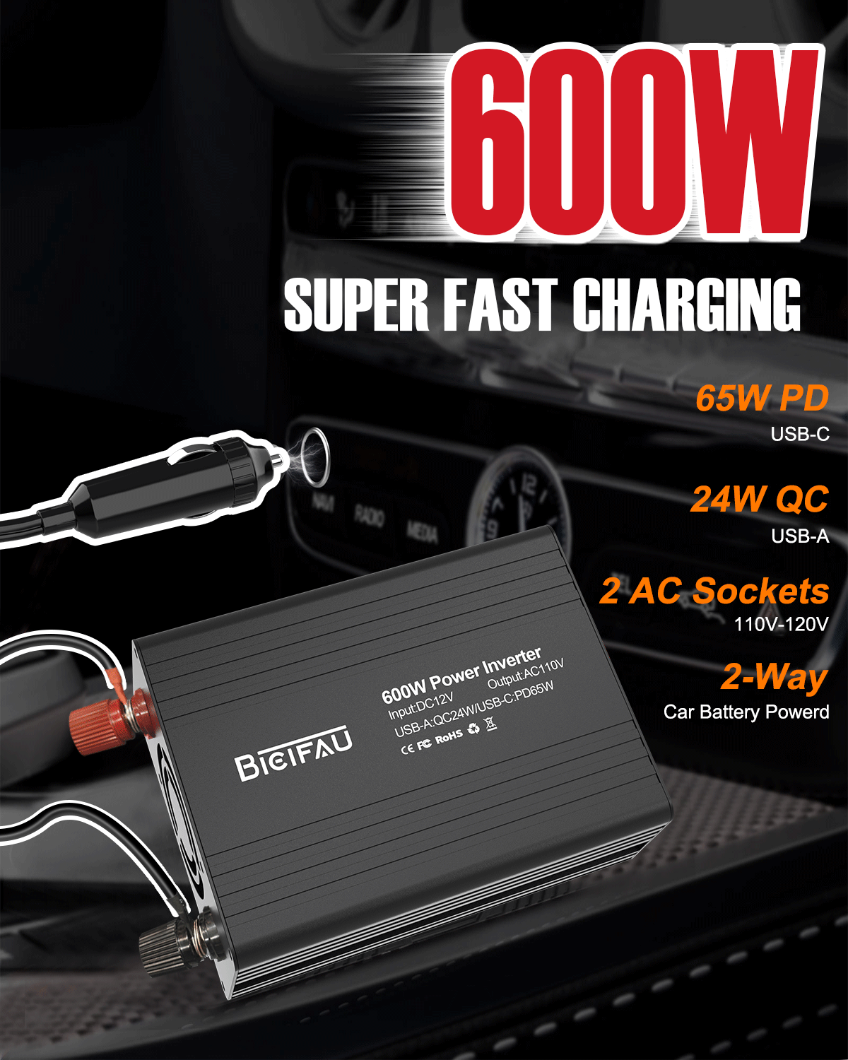 600W Inverter 12V to 110V, DC to AC Car Power Inverter for Vehicles with 65W USB-C Fast Charging