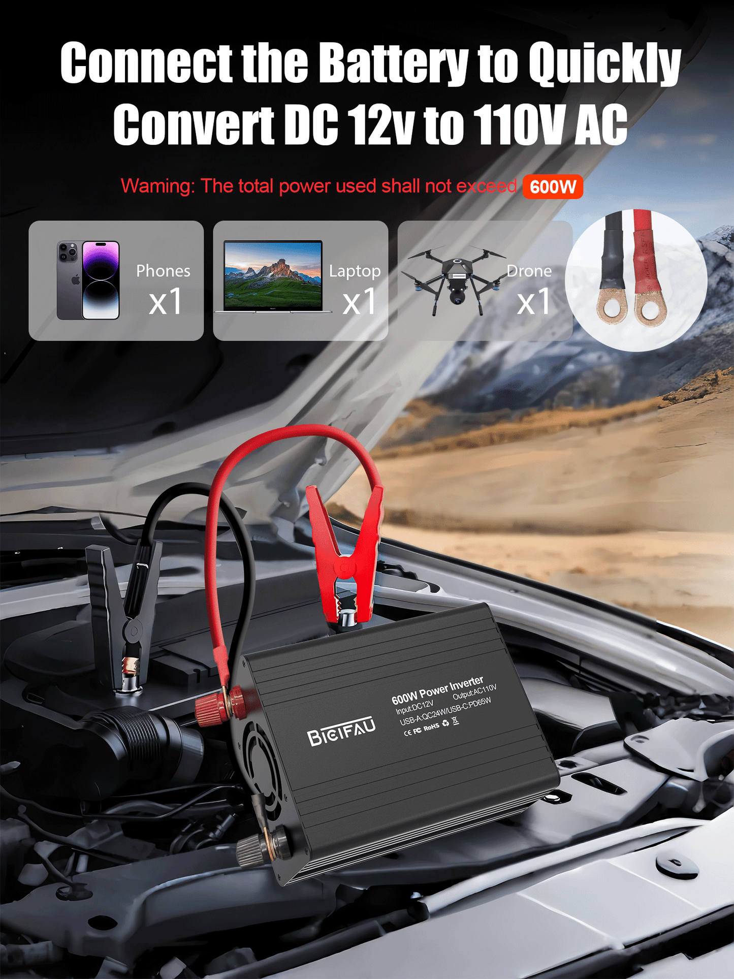 600W Inverter 12V to 110V, DC to AC Car Power Inverter for Vehicles with 65W USB-C Fast Charging