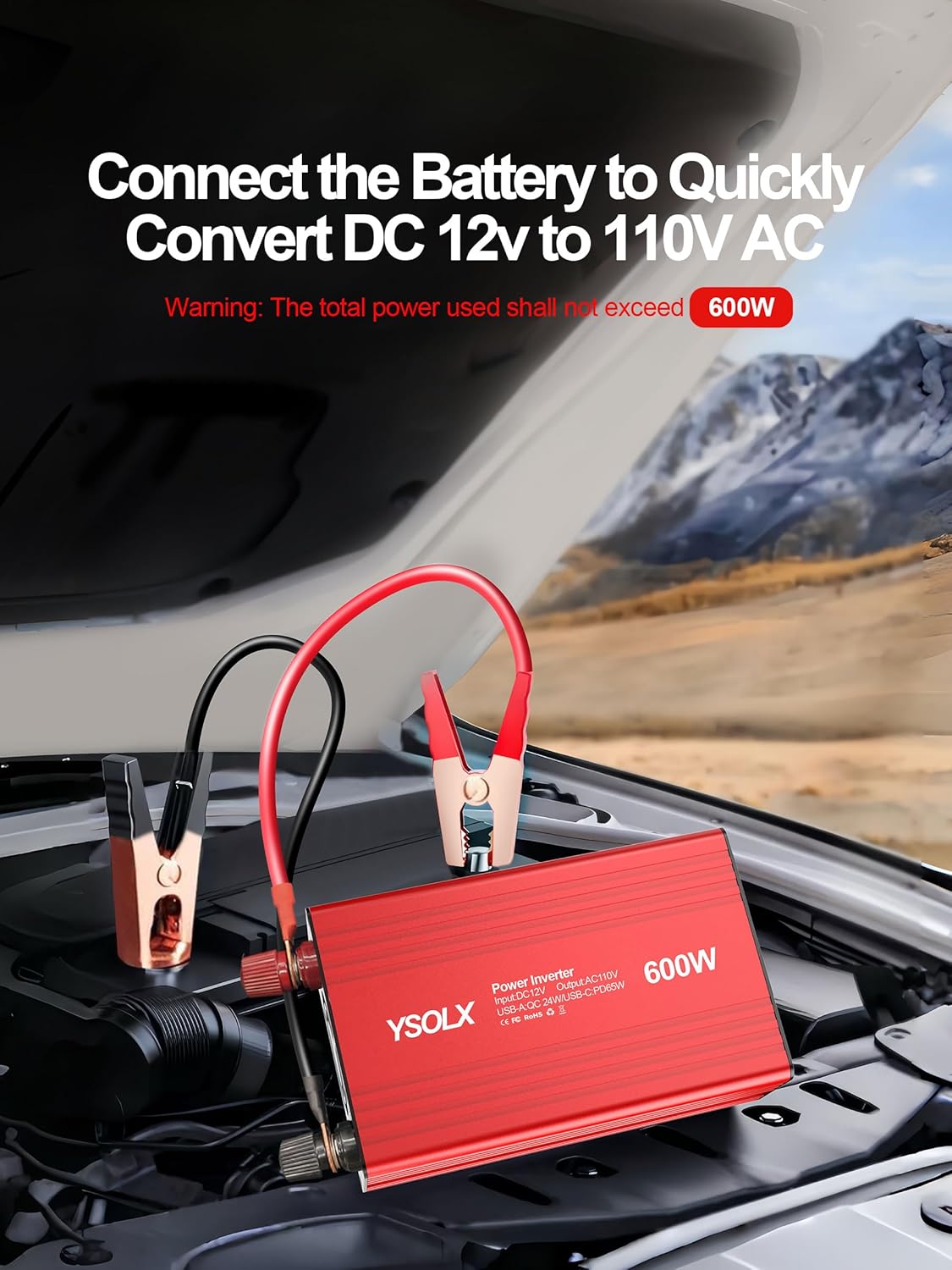YSOLX 600W Power Inverter, DC 12V to 110V AC Car Inverter with Dual USB C/A Fast Car Charger Adapter(Updated)