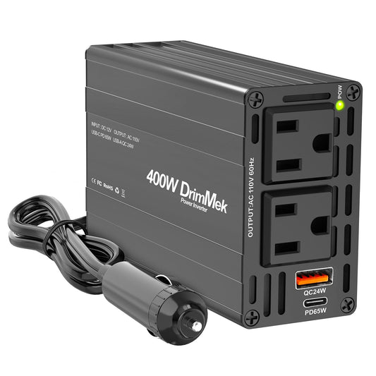 400W Car Power Inverter - Dual DC 12V to 110V AC Car Plug Adapter Outlets, Fast Charging USB C 65W & 24W Port, Power Inverters for Vehicles, Laptop Car Charger, Road Trips