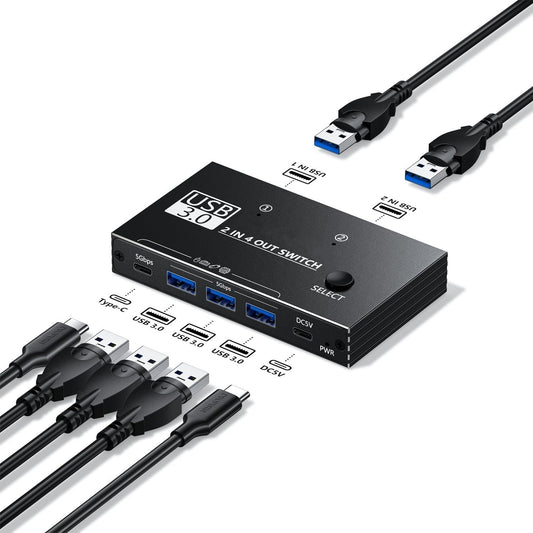 USB 3.0 KVM Switcher 2 Computers Sharing USB C & A Devices, 4 Port Sharing Keyboard and Mouse, Scanner/Printer with 2 USB-A to A Cables