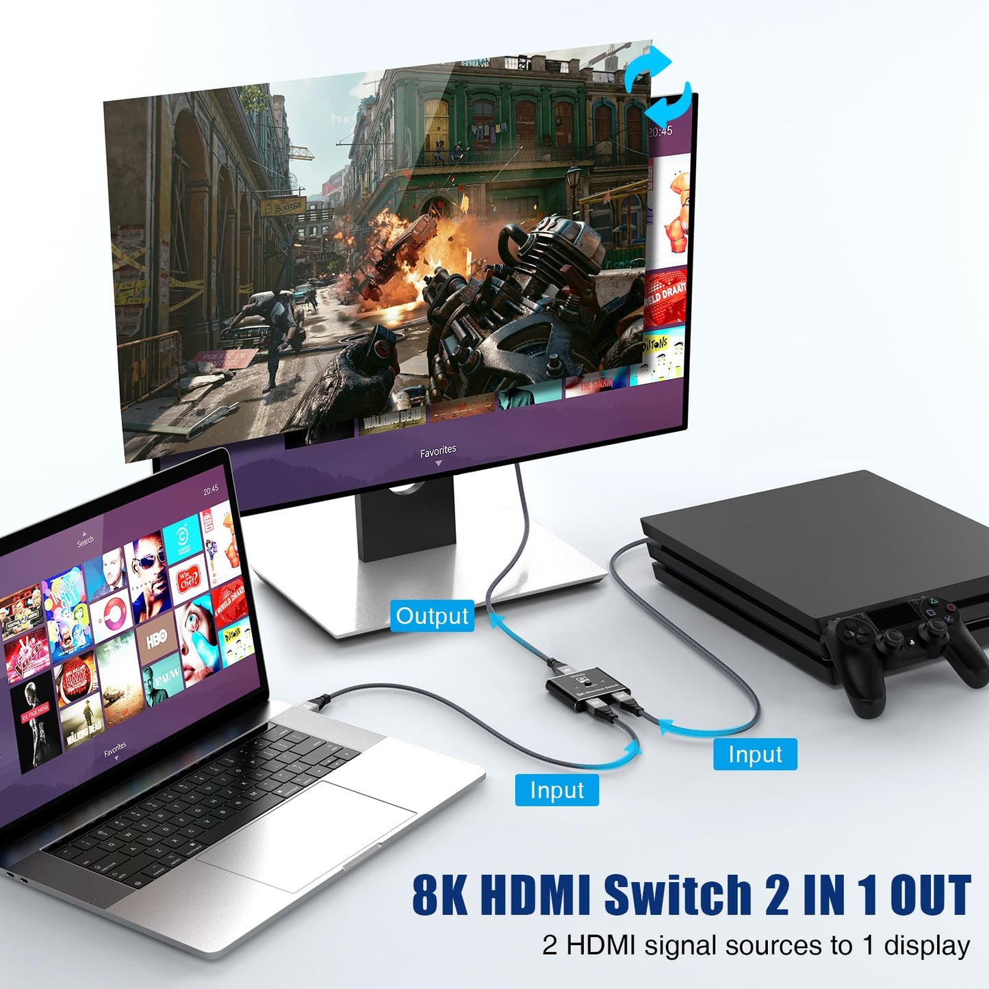 HDMI Switch 8k@60Hz Splitter, Aluminum Bidirectional HDMI Switcher 2 in 1 Out, Manual HDMI Hub Supports HD Compatible with Xbox PS5/4/3 Blu-Ray Player Fire Stick Roku