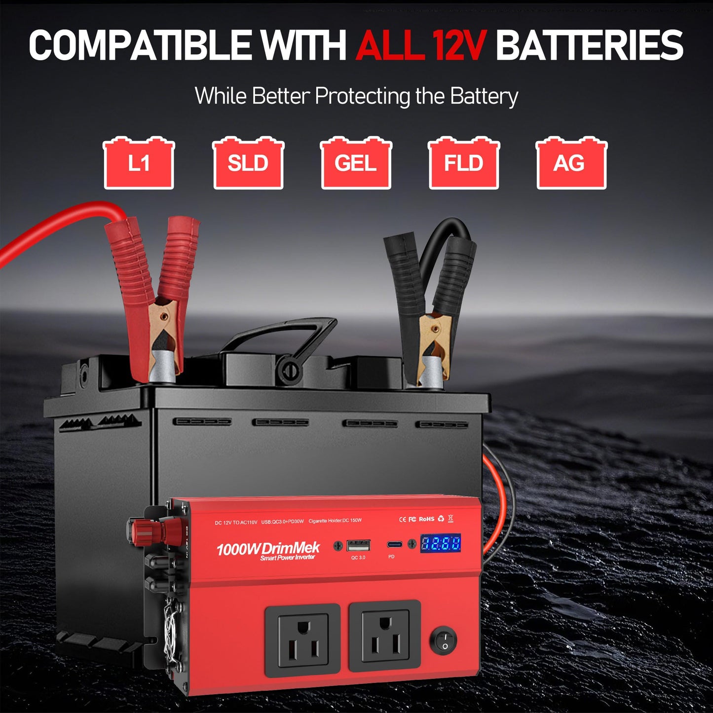 1000 Watt Power Inverters 12v to 110v for Vehicles - with Dual AC Outlets