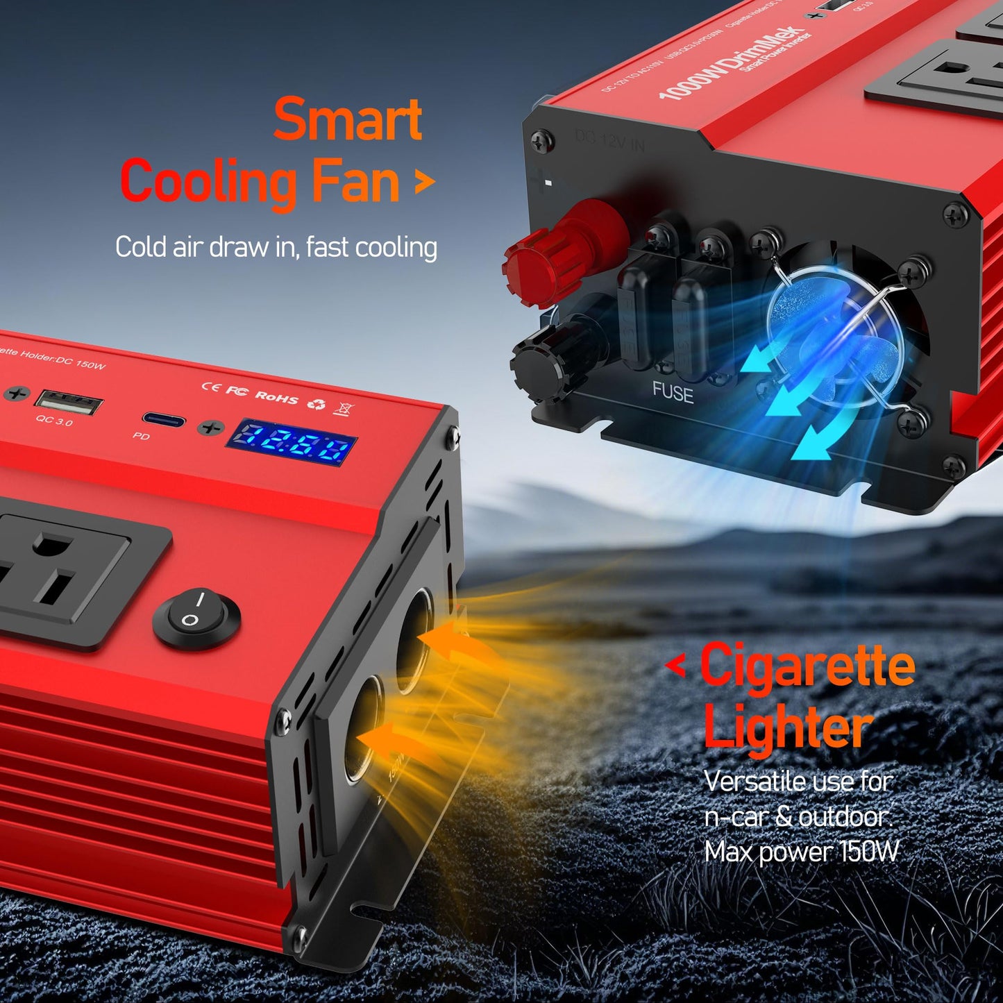 1000 Watt Power Inverters 12v to 110v for Vehicles - with Dual AC Outlets