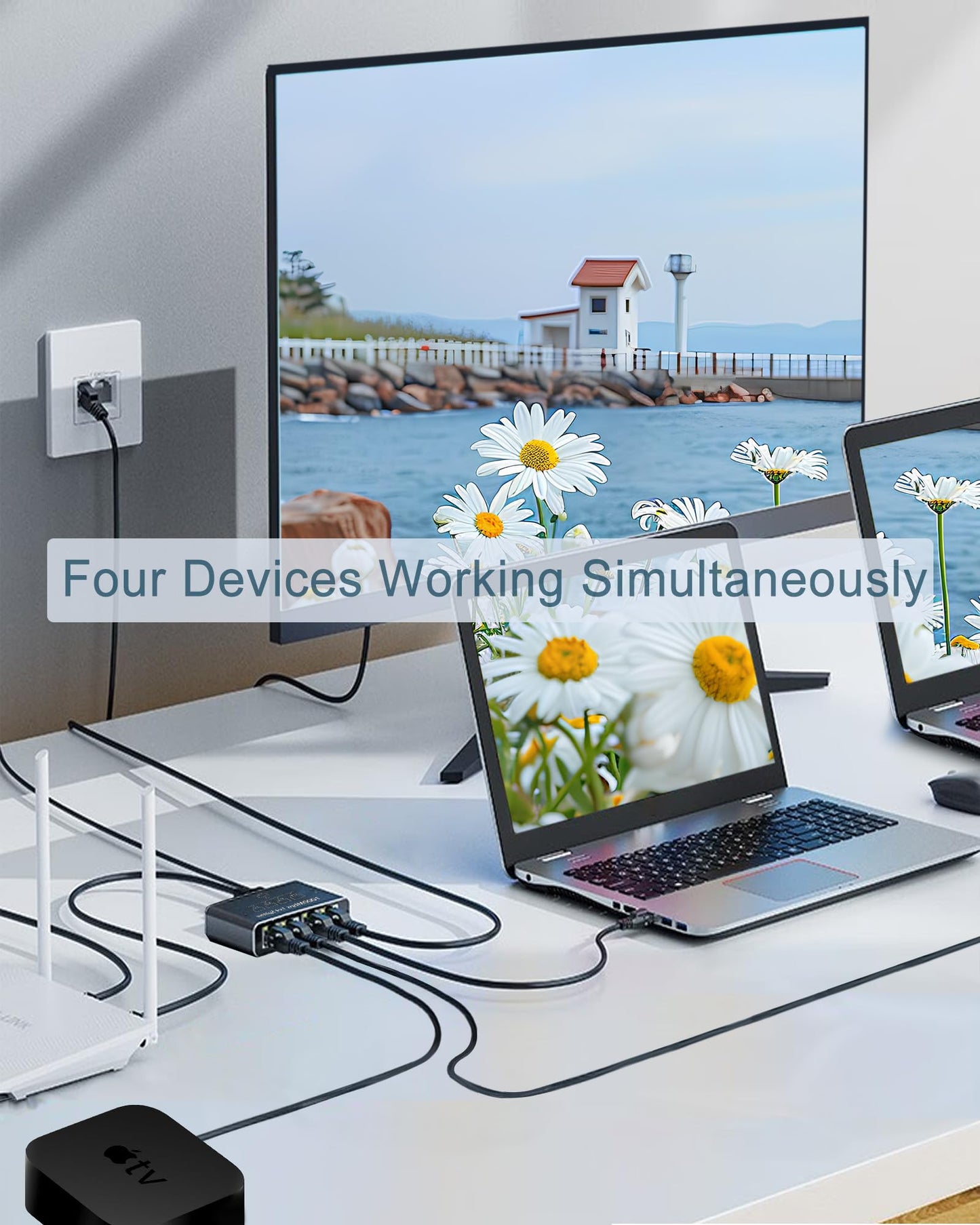 Ethernet Splitter 1 to 4 - Network Splitter with USB Power Cable, RJ45 Internet Splitter Adapter 1000Mbps High Speed for Cat 5/5e/6/7/8 Cable [4 Devices Networked Simultaneously]