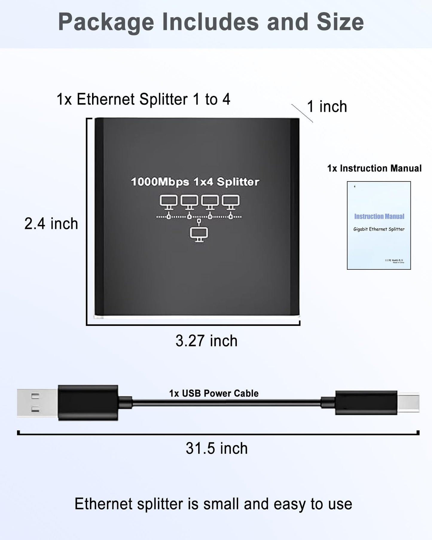 Ethernet Splitter 1 to 4 - Network Splitter with USB Power Cable, RJ45 Internet Splitter Adapter 1000Mbps High Speed for Cat 5/5e/6/7/8 Cable [4 Devices Networked Simultaneously]
