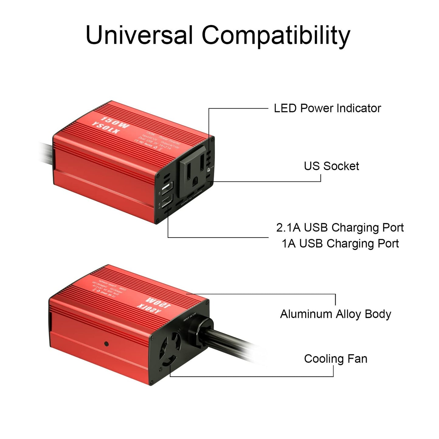 YSOLX 150W Car Power Inverter DC 12V to 110V AC Outlet Converter with 3.1A Dual USB Car Charger Adapter Red