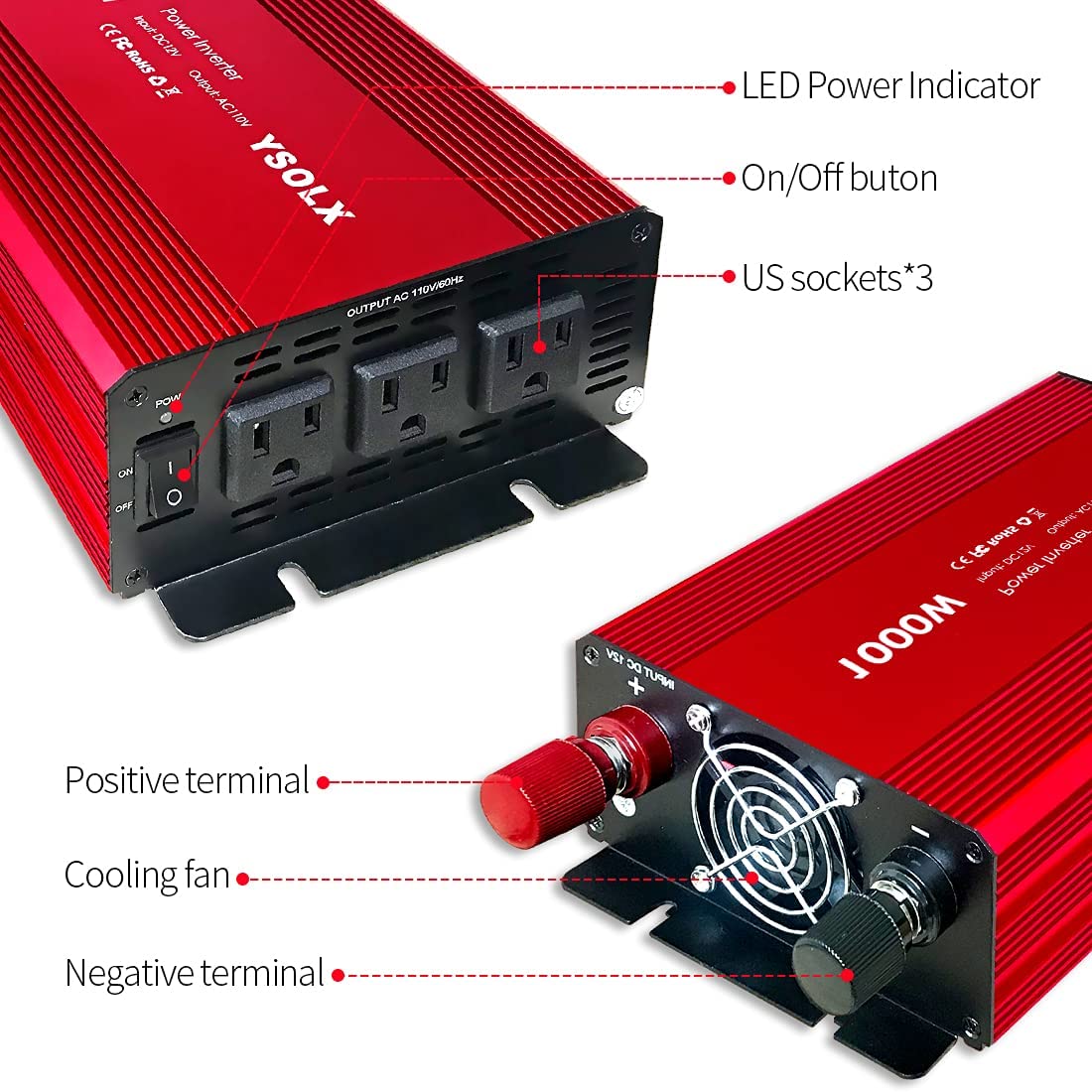 1000W Power Inverter 12v to 110v, Dc to Ac Converter with 3 AC